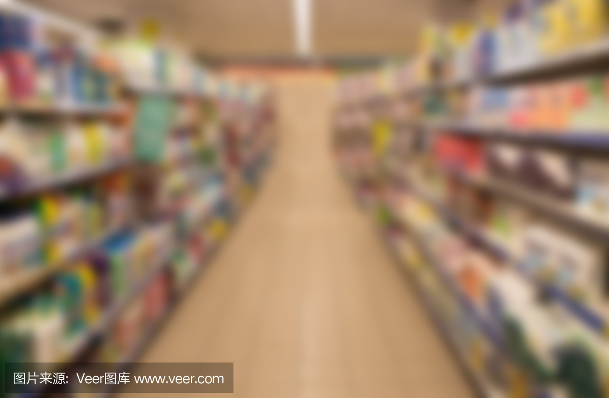 模糊抽象的背景,人们在超市购物,产品在货架上,超市与散焦,客户散焦,复古的颜色。